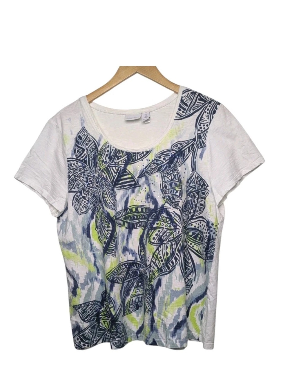 Chicos Zenergy Floral Print T Shirt XL Chicos 3 Embellished Navy White Lime